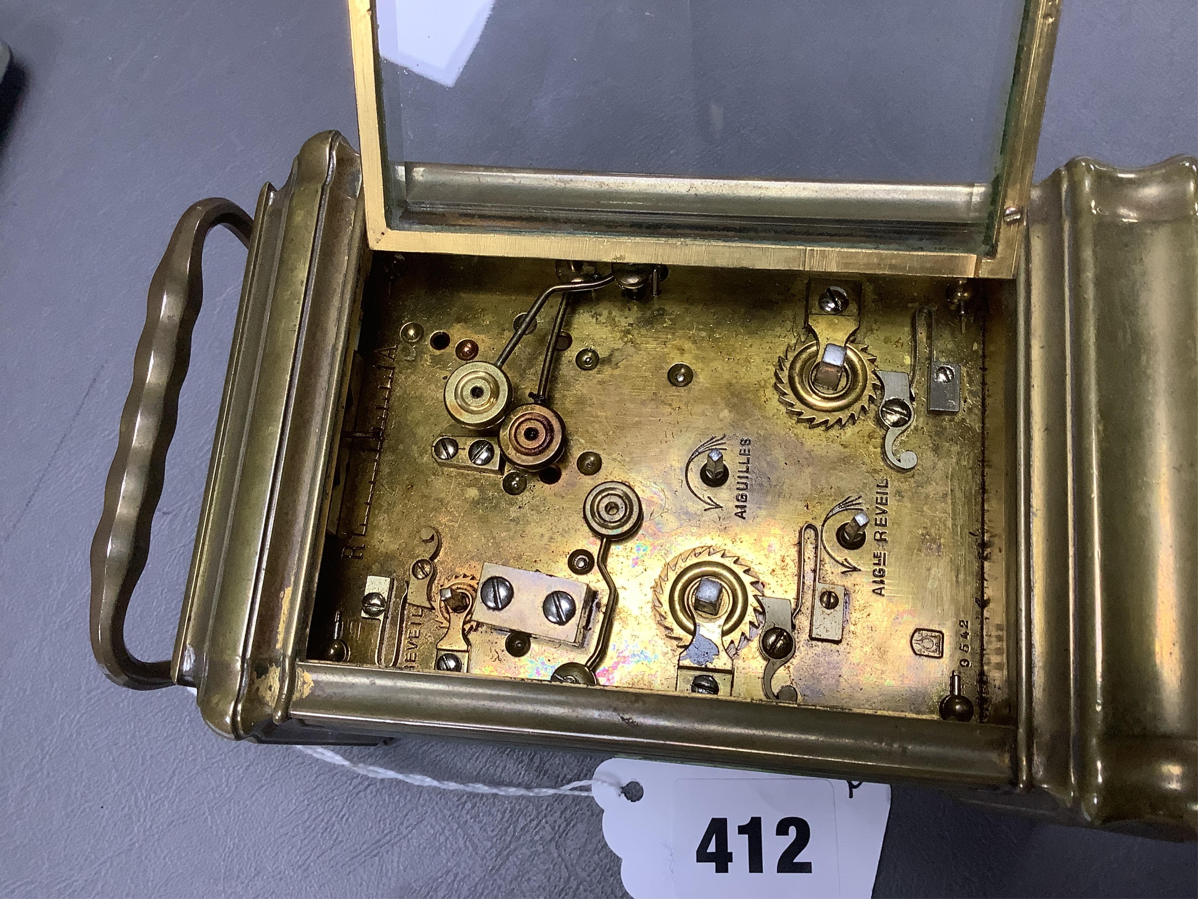 An early 20th century A. Margaine brass gorge-cased Grande Sonnerie carriage clock with alarm and repeat, by with key, 18cm high